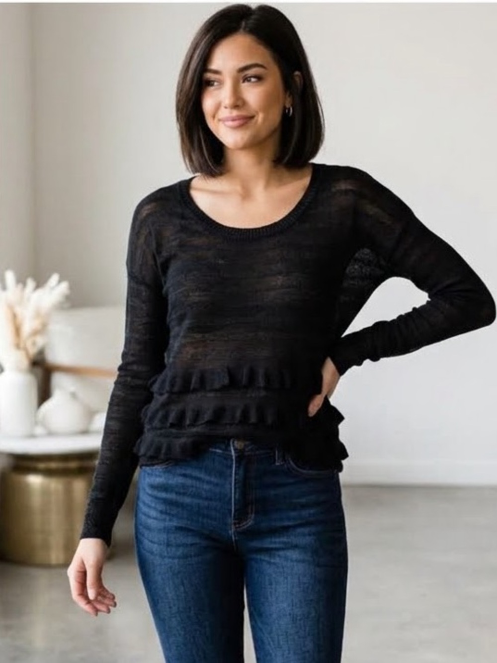 Kensie Black Lightweight Long Sleeved Striped Sweater XS